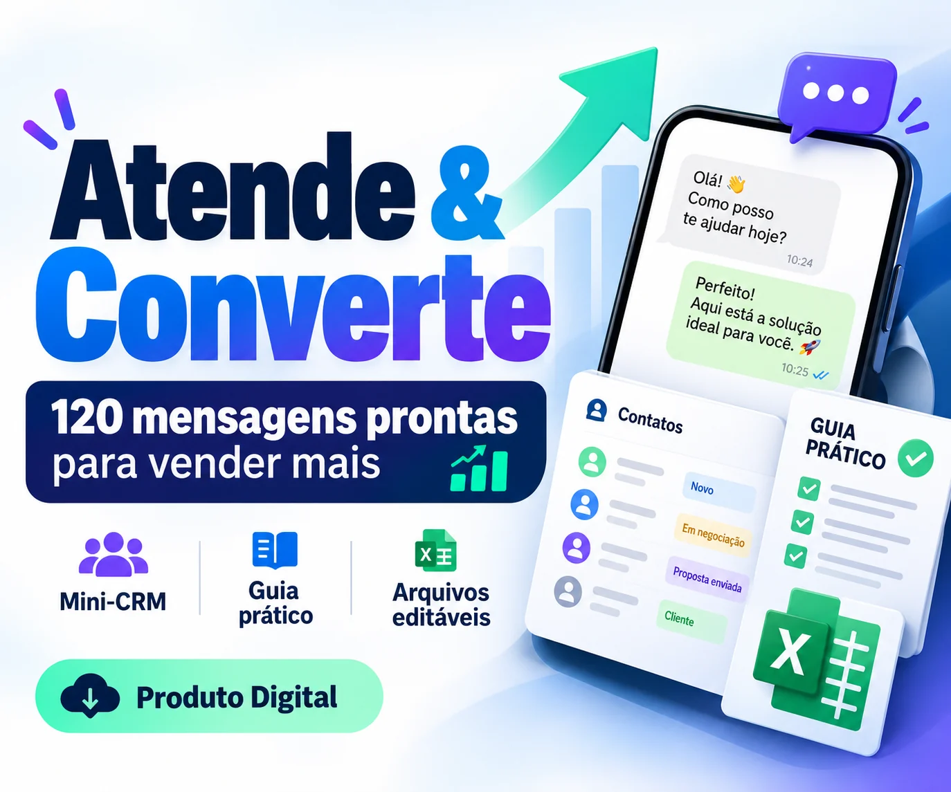 Capa do kit Atende e Converte, com mensagens prontas e Mini-CRM